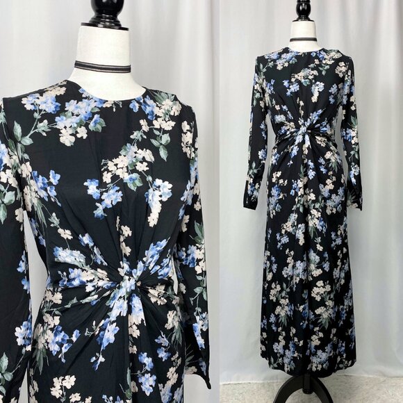 H&M gathered knot detail moody watercolour floral botanical maxi dress small NWT - Picture 3 of 5